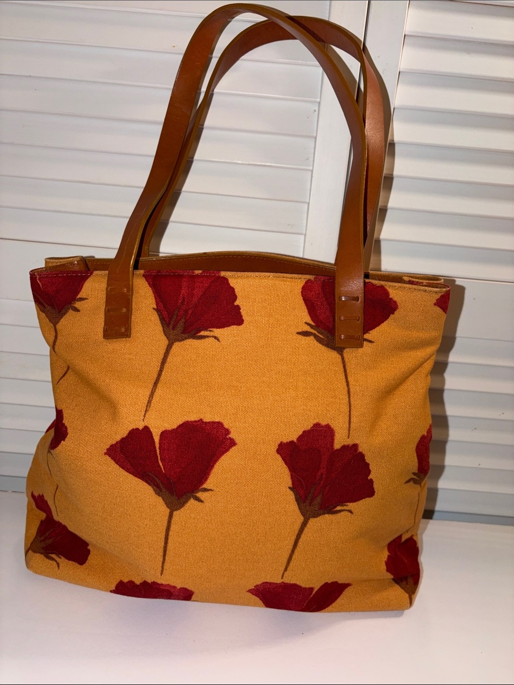 Lamarthe Paris Orange Canvas Bag with Red Poppies and Leather Straps